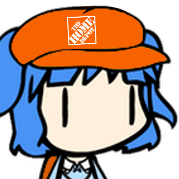 Nitori Kawashiro wearing a Home Depot hat.